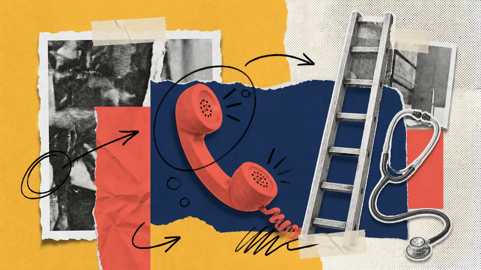 Paper collage: a coral-red phone handset ringing beside a paper ladder and a stethoscope on a navy block
