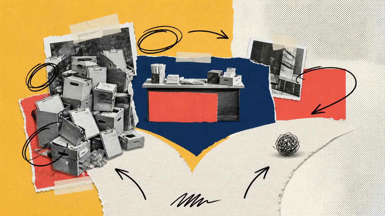 Paper collage: a small paper shop counter with a torn-paper fork in front of it, one path buried under piled-up boxes and folders, the other path empty