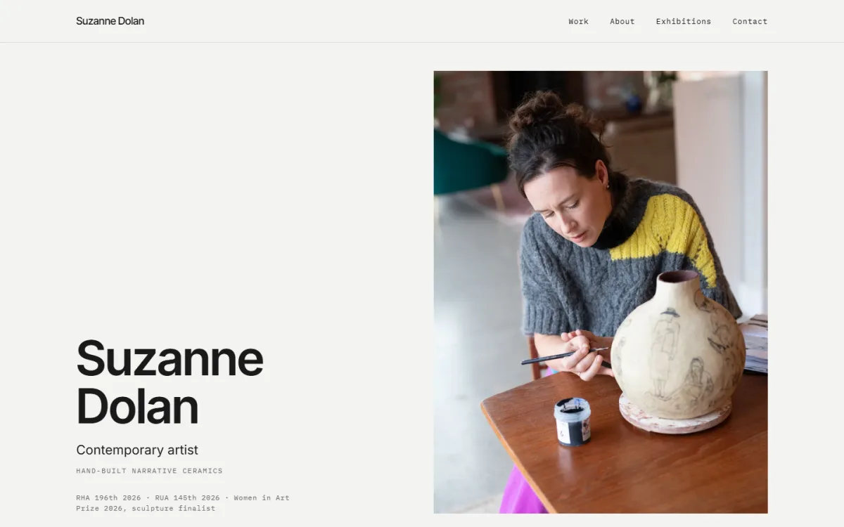 The home page of suzannedolanart.com: her name in large type, the line Contemporary artist, and a photograph of her drawing on an unfired vessel