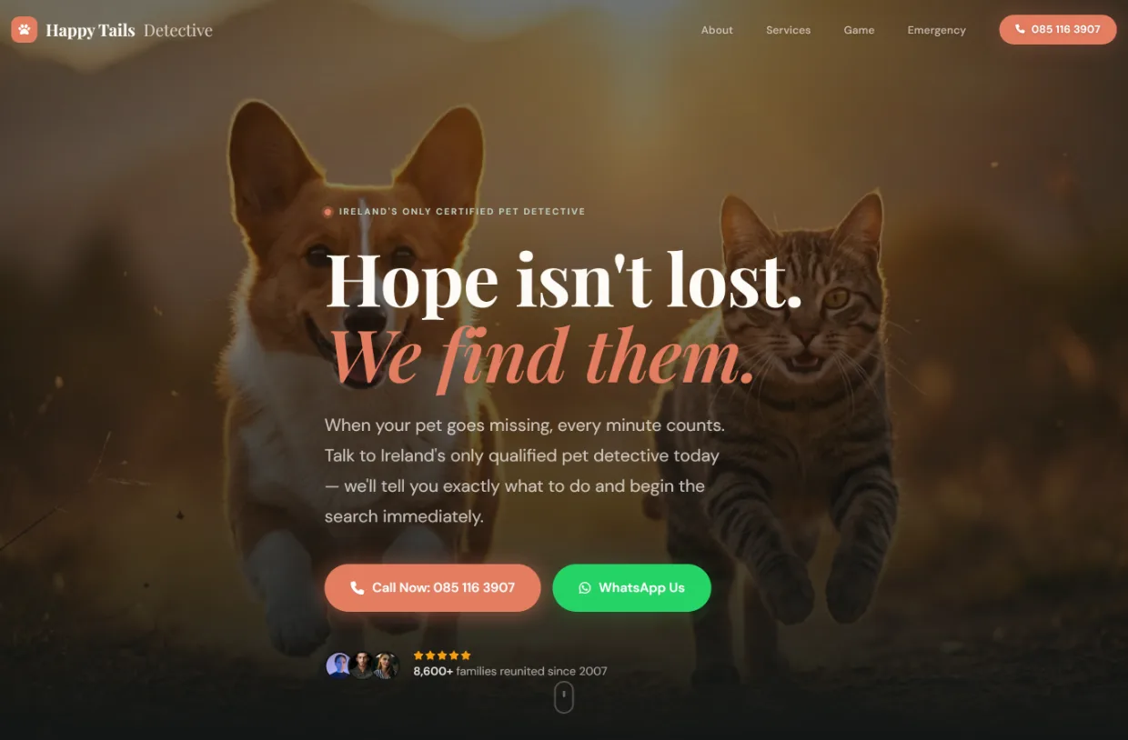 happytailsdetective.com — pet detective emergency site